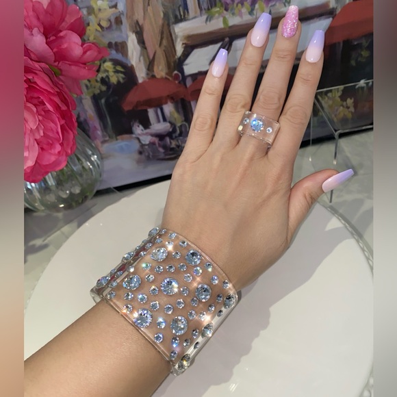 Clear Acrylic Swarovski Crystal Embellished Wide Chunky Cuff Bracelet for Women - Picture 10 of 17